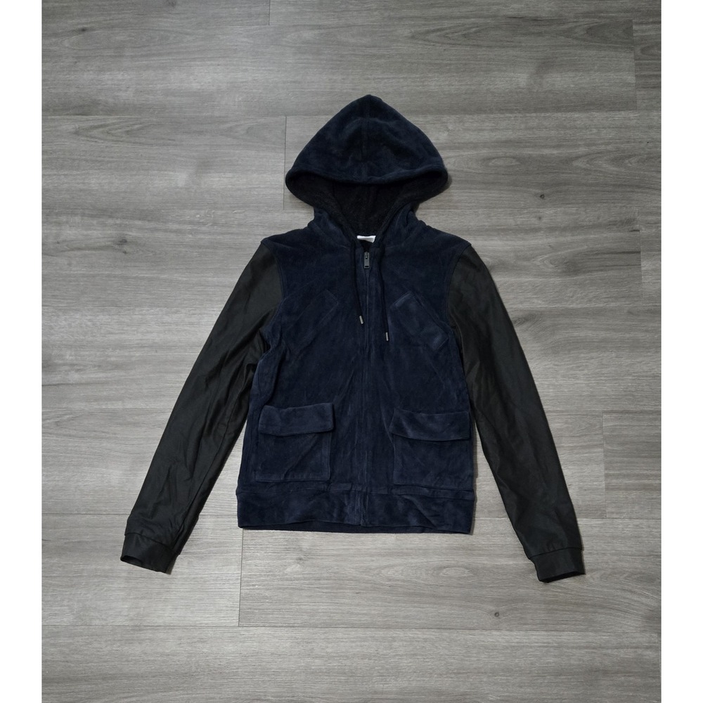 Lacoste Jacket‎ Womens XS 34 Navy & Black Corduroy Fleece Lined Full Zip Hoodie